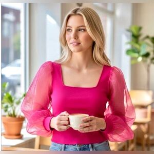 House of Harlow 1960 Hot Pink Puff-Sleeve Square Neck Top Size Large